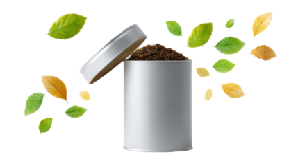 Fresh tea leaves silver tin can with open lid, surrounded floating green and yellow leaves, evoke sense of nature