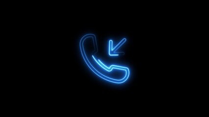Illuminated blue neon telephone icon with incoming call arrow on a black background