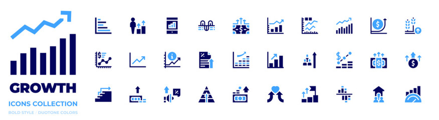 Growth icon collection. Bold style. Duotone colors. benefits, graph, increase, money, success, stats, improve, analysis, bar chart, interest, megaphone