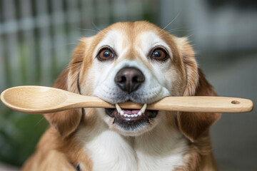 Cute dog holding a wooden cooking spoon in its mouth. Concept of preparing homemade dog food and cooking for pets.