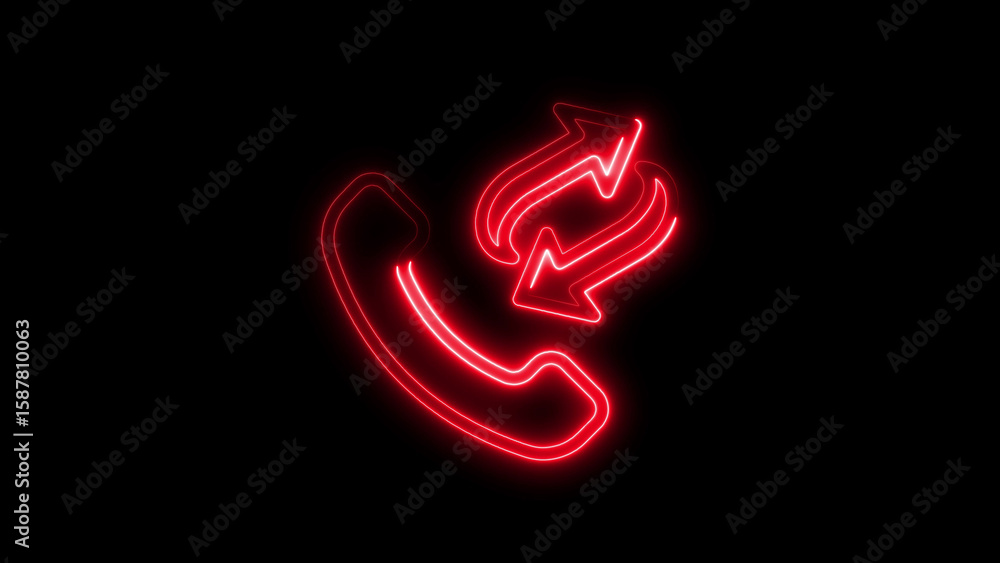 Poster illuminated neon phone icon with arrows indicating call forwarding or waiting on black background