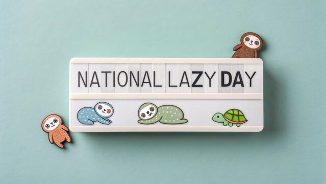 Celebrate National Lazy Day with cute sloth and turtle cartoons displayed on a lightbox, perfect for social media posts.