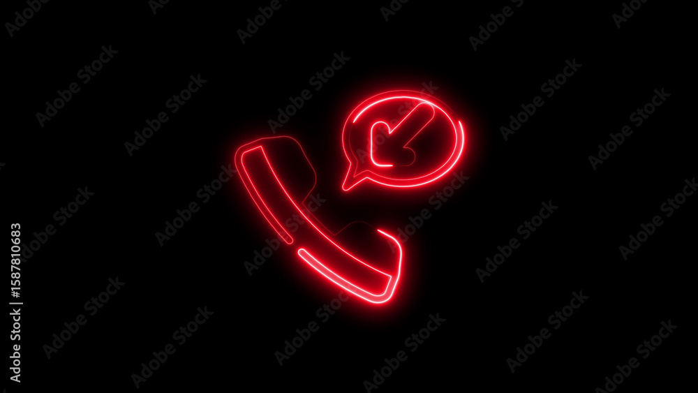 Poster glowing neon phone call icon illustrating incoming call notifications with chat bubble