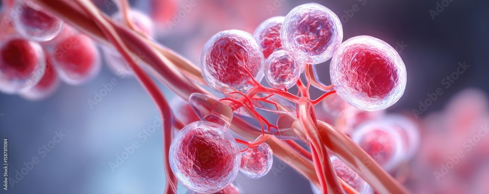 Poster renal flow in process concept. microscopic view of vibrant cells in a biological environment.