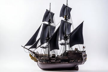 Detailed model of a pirate ship with black sails, intricate detailing, and a dark wooden hull against a plain white background.