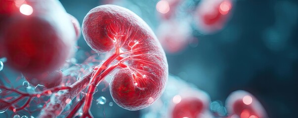 Renal flow in process concept. Detailed illustration of human kidney cells with glowing lines.