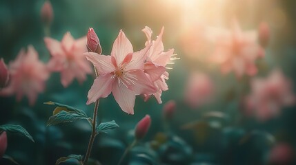 Delicate pink flowers in soft sunlight