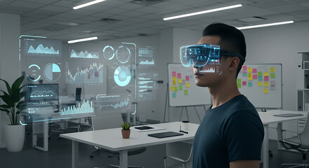 Man immersed in a futuristic virtual world using advanced augmented reality glasses in a bright, open office