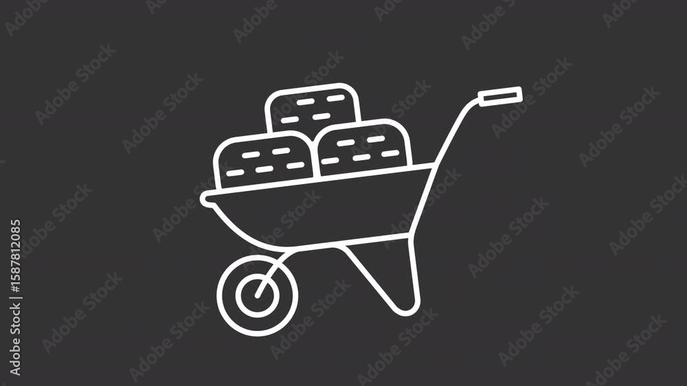 Poster animated cart loading with hay white line icon. bale falling down into haycart animation. preparing 