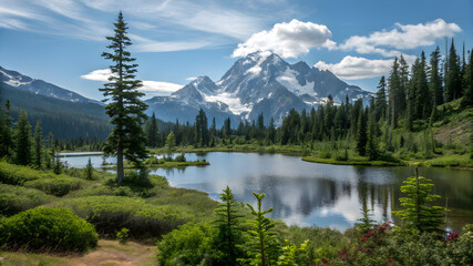 A serene lake surrounded by mountains and trees, reflecting the beauty of the mountain range in the background