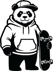A cool panda bear wearing a hoodie and hat, holding a skateboard.