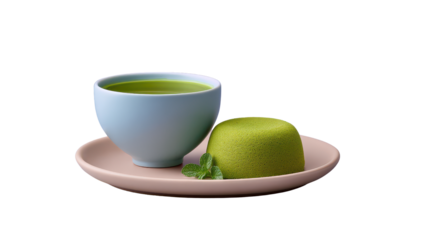 Green tea cup with smooth surface sits pink plate alongside green dessert, garnished with mint leaves, creating serene