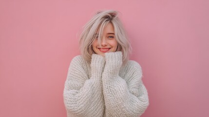 Smiling woman with blonde hair in a cozy sweater against a pink background.