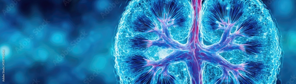 Poster renal flow in process concept. detailed visualization of a neuron in vibrant colors.