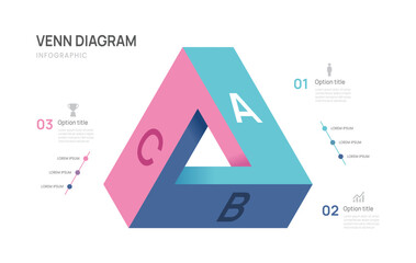 Venn diagram business infographic circle triangle chart template 3 options, presentation with venn diagram elements vector illustration.