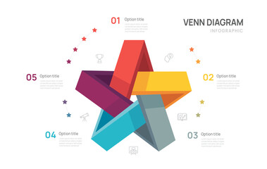 Venn diagram business infographic star circle chart template 5 steps options, presentation with venn diagram elements vector illustration.