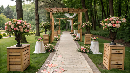 Naklejka premium Beautiful romantic festive place made with wooden square and floral roses decorations for outside wedding ceremony in green park.