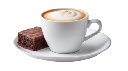 Creamy coffee in white cup with chocolate brownie on plate delightful treat