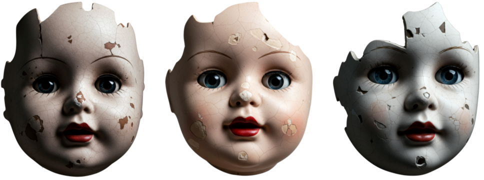 Vintage doll heads with chipped paint on transparent background  