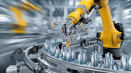 A robotic arm operates on an automated conveyor belt, handling plastic bottles in a modern industrial setting, illustrating advanced manufacturing technology.