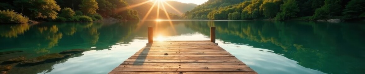 Rustic wooden dock extends over calm lake, sunlit forest backdrop, day, wildlife