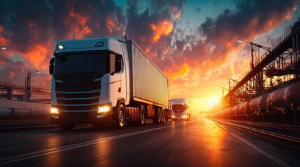Trucks drive on a highway at sunset, with dramatic skies and industrial structures in the background, conveying a sense of transportation and logistics.