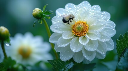 Delicate white dahlia with bee