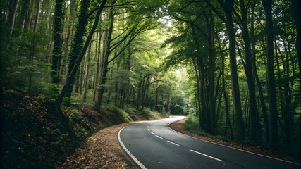 Fototapeta premium A serene road winding through a lush forest, surrounded by tall trees and vibrant green leaves