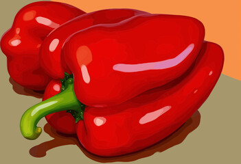 Red bell peppers on a flat surface with colorful background  