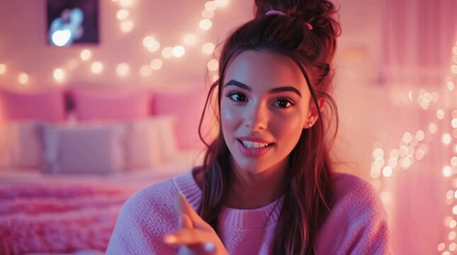 Influencer recording beauty vlog in pastel-themed bedroom, soft lighting, camera slowly dollying in

