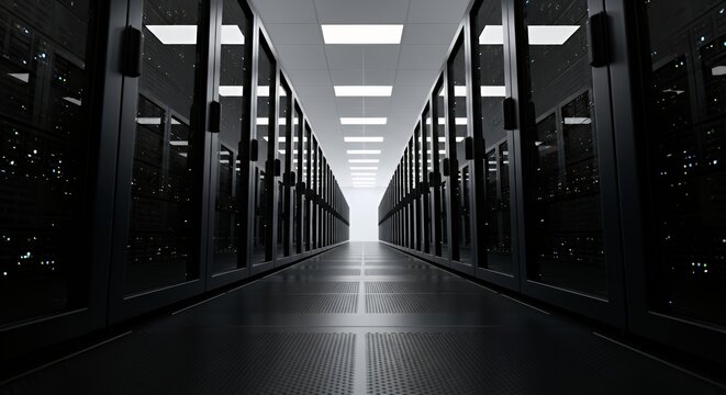 Dark Server Room with Black Racks and Bright Lights Data Center