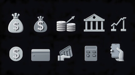 A set of flat 3D finance icons with background.  wallet, bank, and financial chart. 