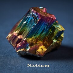 Colorful niobium crystal on a blue background, showcasing its unique structure and brilliance.