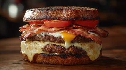 Delicious gourmet double cheeseburger sandwich with bacon and tomato