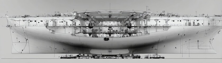 Detailed blueprint of a large ship on a white isolated background.