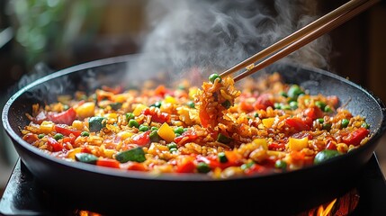Delicious stir-fried rice dish steaming hot
