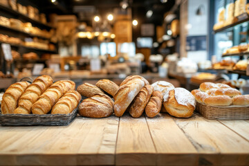 Variety of freshly baked bread in artisan bakery display
