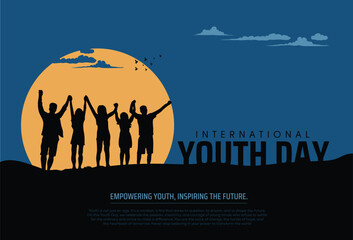 International Youth Day. Group of people standing on sunset background. Creative concept for Youth Day Poster, Banner Design. vector illustration.
