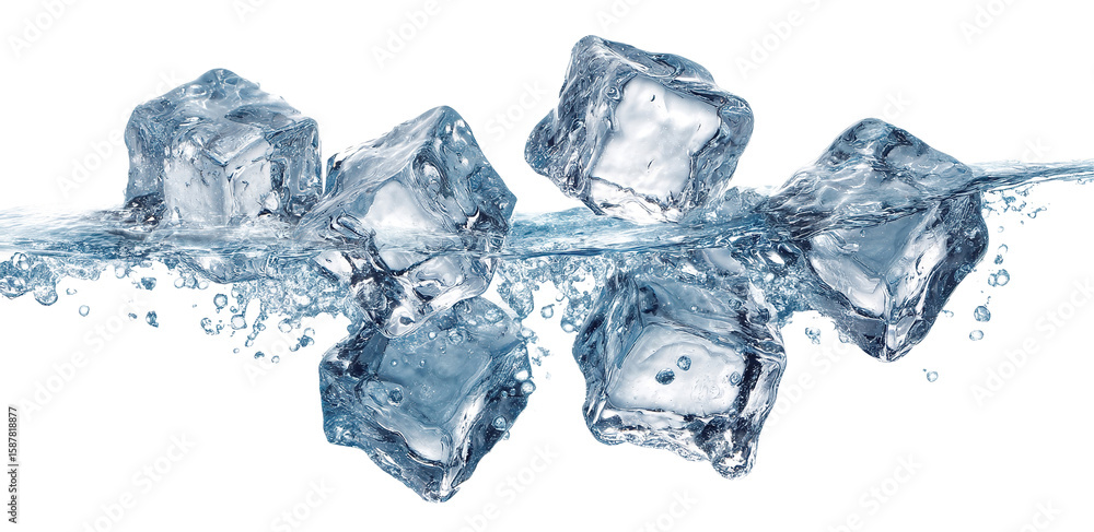Poster floating ice cubes splashing in water wave, isolated on transparent cutout background