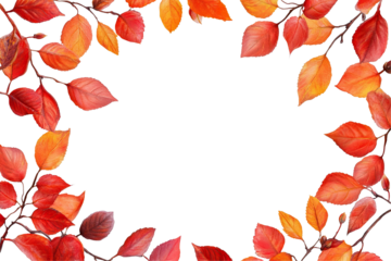 Red and orange autumn leaves forming seasonal frame, isolated on transparent cutout background