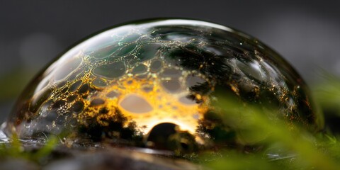 A mesmerizing macro shot of a soap bubble reflecting nature's beauty.