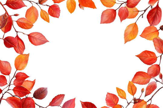 Red and orange autumn leaves forming seasonal frame, isolated on transparent cutout background
