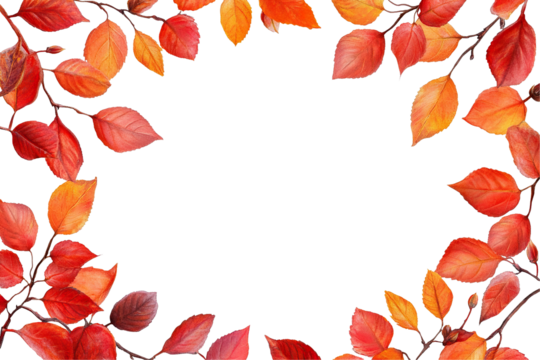 Red and orange autumn leaves forming seasonal frame, isolated on transparent cutout background