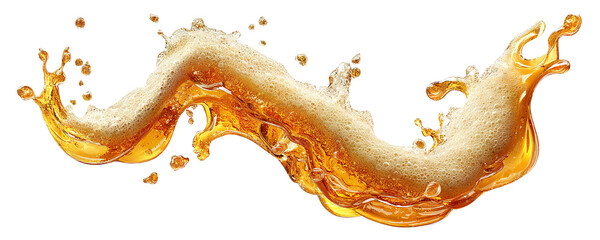 Splashing beer wave with foam and drops, isolated on transparent cutout background