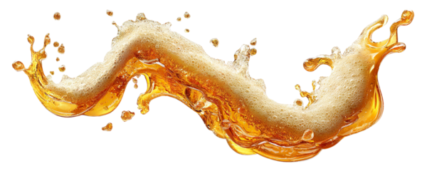 Splashing beer wave with foam and drops, isolated on transparent cutout background