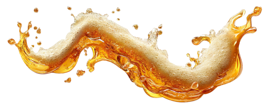 Splashing beer wave with foam and drops, isolated on transparent cutout background