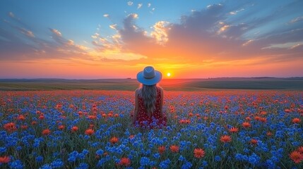 A woman sits in a vibrant field of wildflowers at sunset