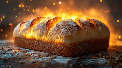 Freshly baked bread bursts with fiery energy.  A loaf of artisan bread, glowing with intense heat, emerges from a cloud of sparks and smoke