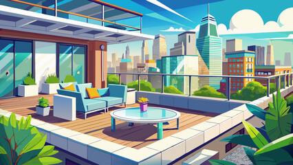 Fototapeta premium Urban rooftop terrace with seating area, glass railing, and city skyline view