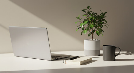 Fototapeta premium Minimalist Workspace with Laptop, Plant, and Notepad on a Light-Filled Desk for Creativity and Productivity